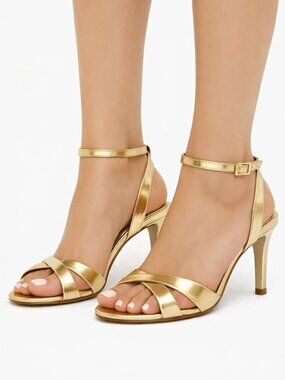 New SCHUTZ Gold Metallic Ankle-Strap Stiletto Sandal Hilda Size 8